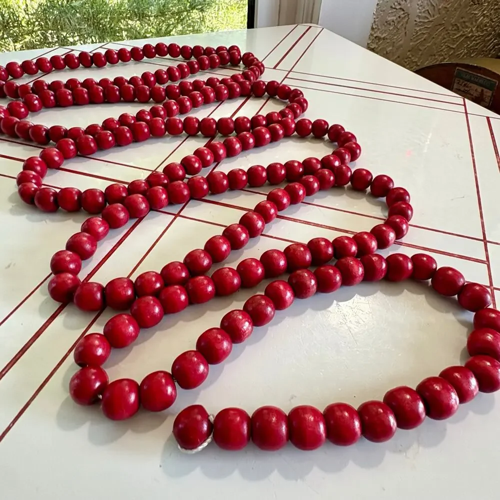 Vintage Red Wooden Bead Garland 9 Ft Rustic Farmhouse Holiday Decor
